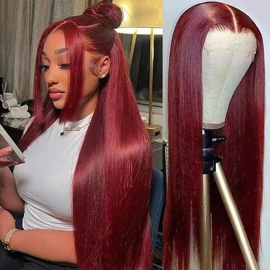 99J Burgundy Straight 13x4 Transparent Lace Front Wig Human Hair Glueless Wig