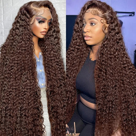#4 Brown Deep Wave Human Hair Transparent Lace Glueless Wig