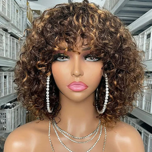 P4/27 Short Curly Bang Wig Human Hair Machine Made Glueless Wig