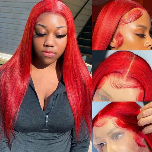 Hot Red Straight 13x4 Transparent Lace Front Wig Human Hair Glueless Wig