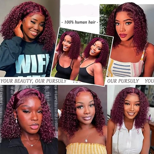 99J Burgundy Pixie Curly 4x4 Lace Closure Wig Human Hair Glueless Wig