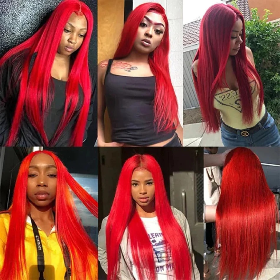 Hot Red Straight 13x4 Transparent Lace Front Wig Human Hair Glueless Wig