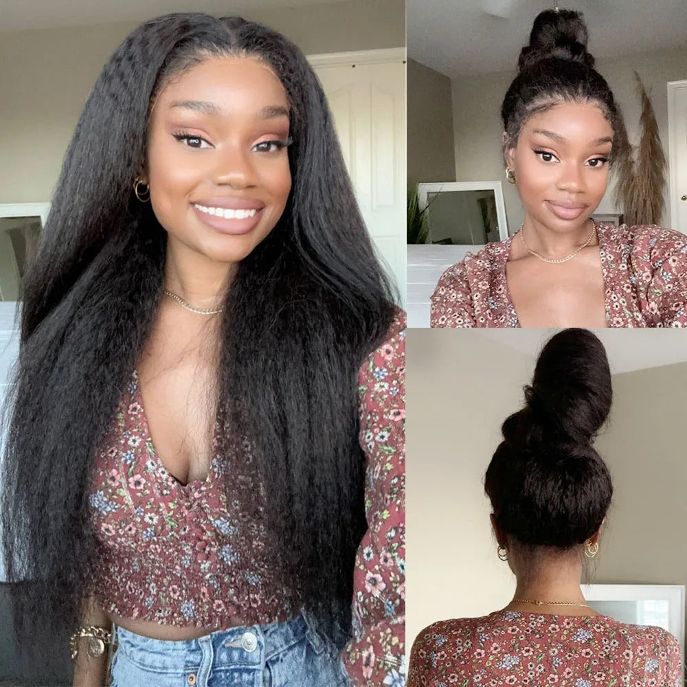 360 Lace Frontal Kinky Straight Human Hair Wig Transparent Lace with Invisible Drawstring