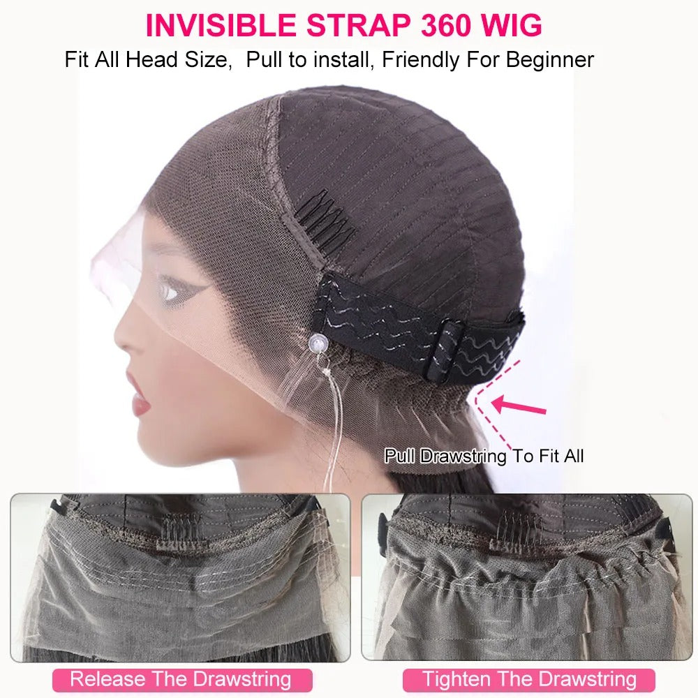 360 Lace Frontal Kinky Straight Human Hair Wig Transparent Lace with Invisible Drawstring