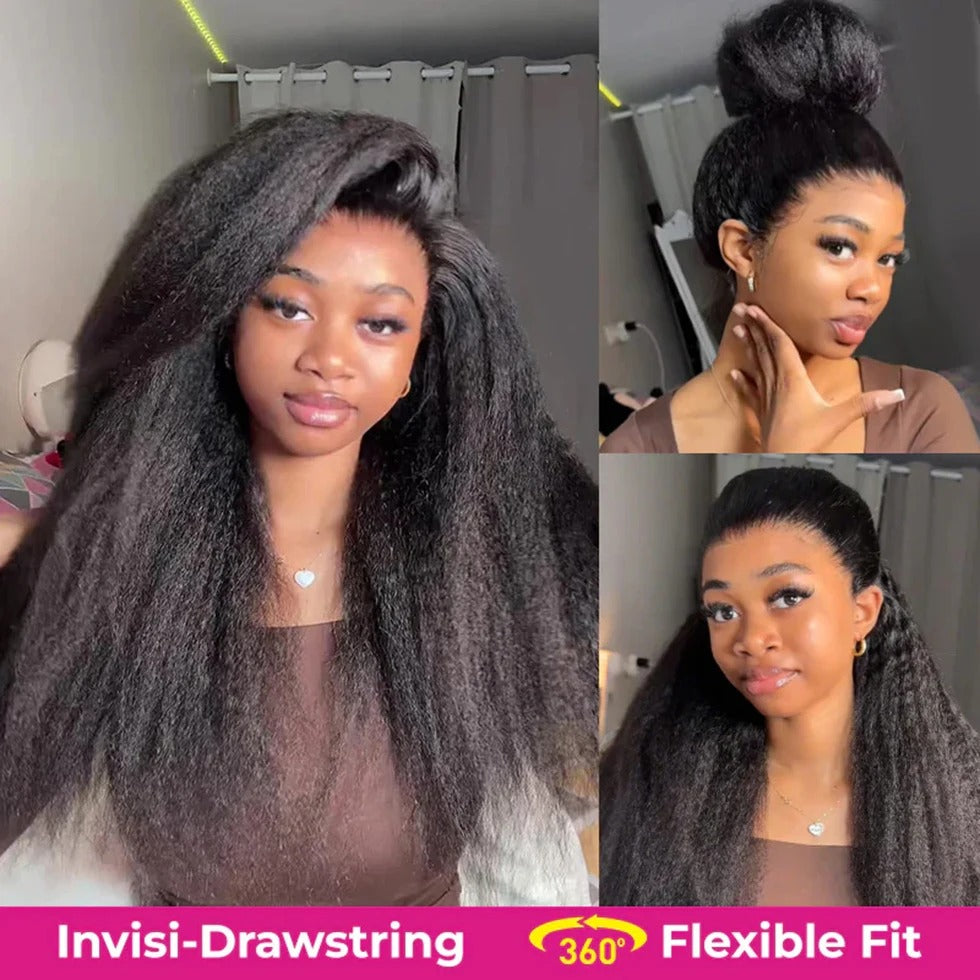 360 Lace Frontal Kinky Straight Human Hair Wig Transparent Lace with Invisible Drawstring