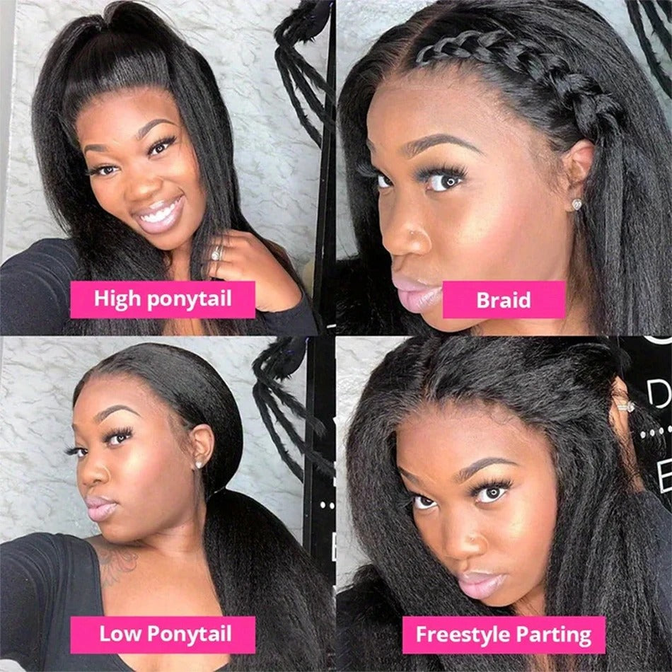360 Lace Frontal Kinky Straight Human Hair Wig Transparent Lace with Invisible Drawstring