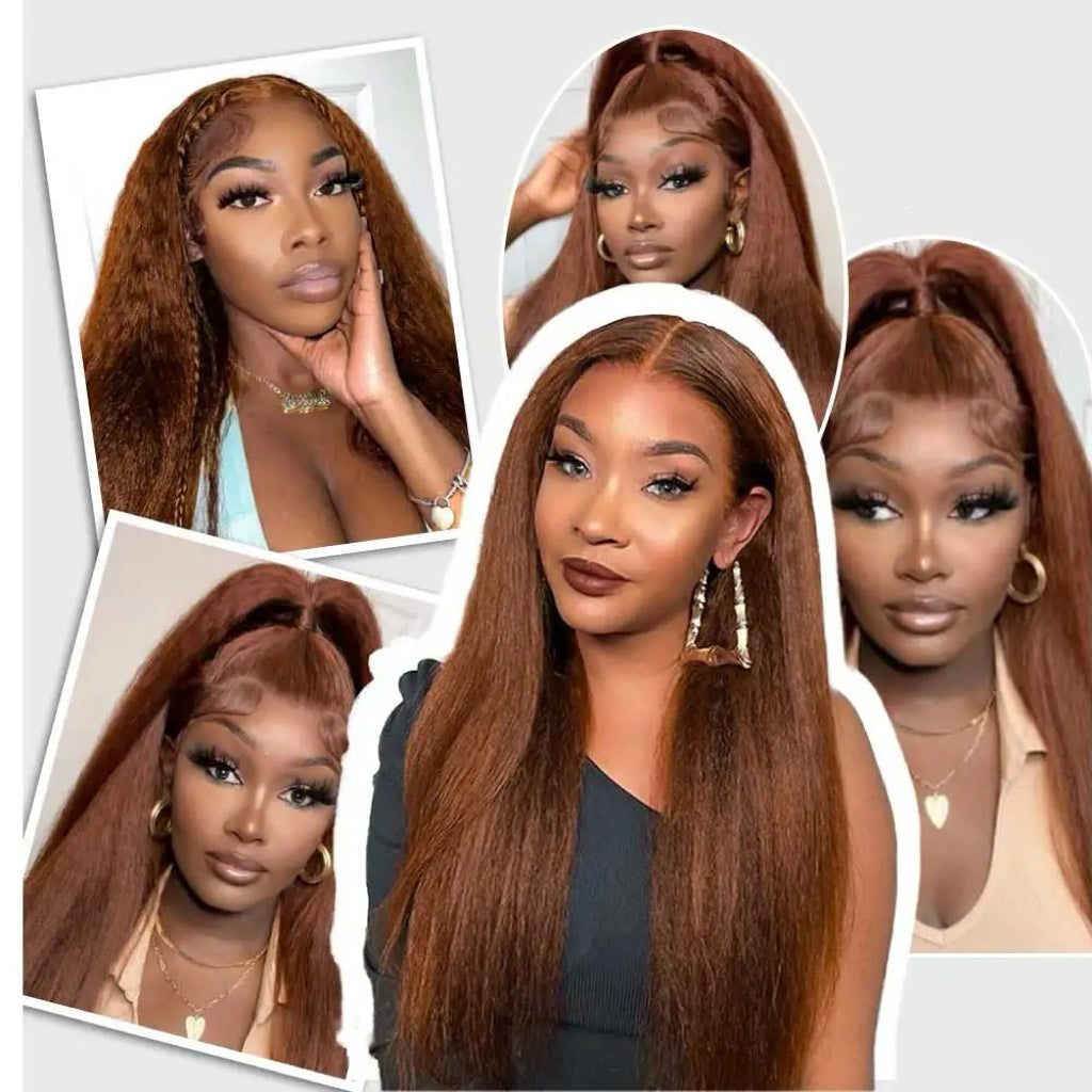 #4 Brown Kinky Straight Human Hair Transparent Lace Glueless Wig