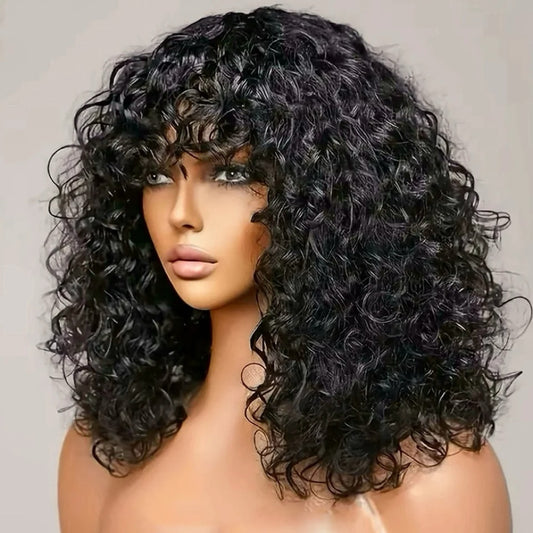 Short Curly Bang Wig Human Hair Machine Made Glueless Wig Natural Black