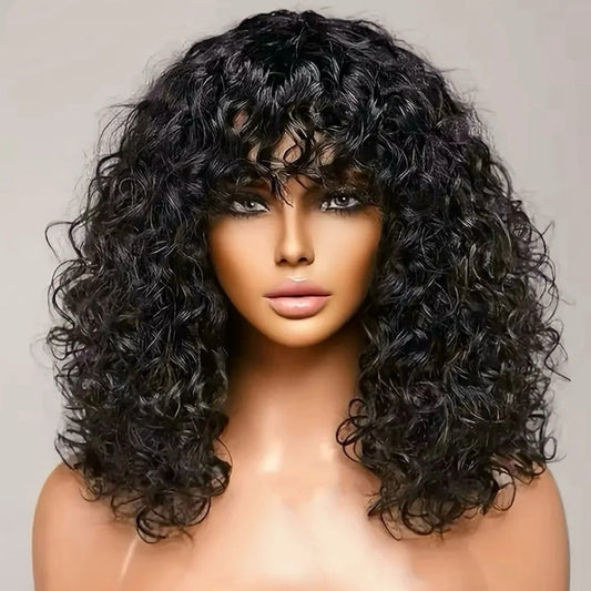 Short Curly Bang Wig Human Hair Machine Made Glueless Wig Natural Black