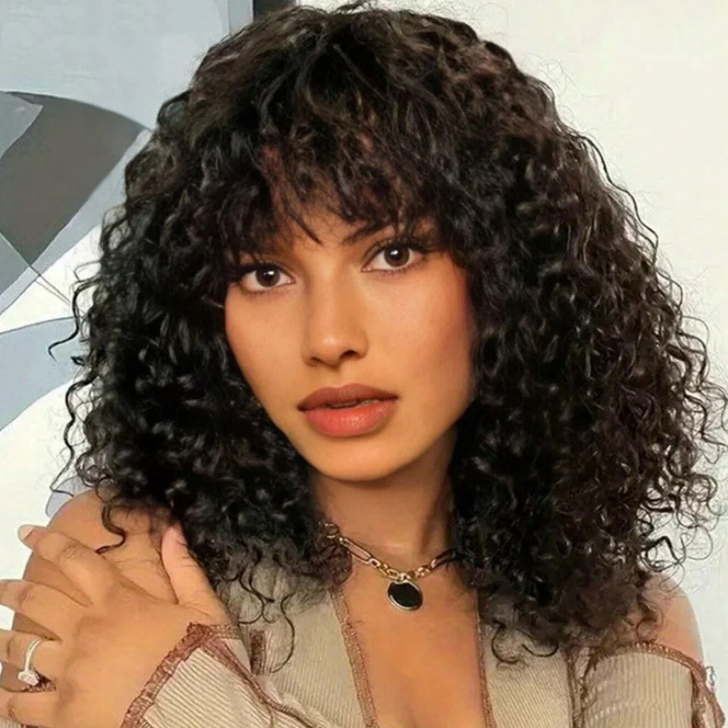 Short Curly Bang Wig Human Hair Machine Made Glueless Wig Natural Black