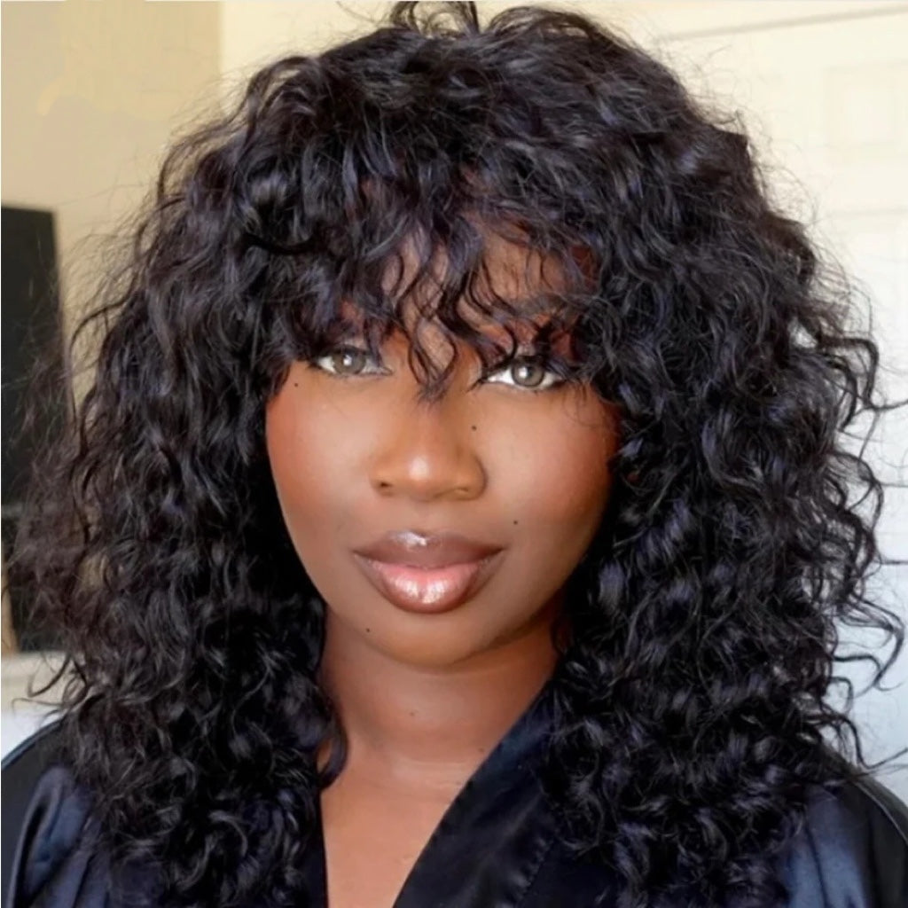 Short Curly Bang Wig Human Hair Machine Made Glueless Wig Natural Black