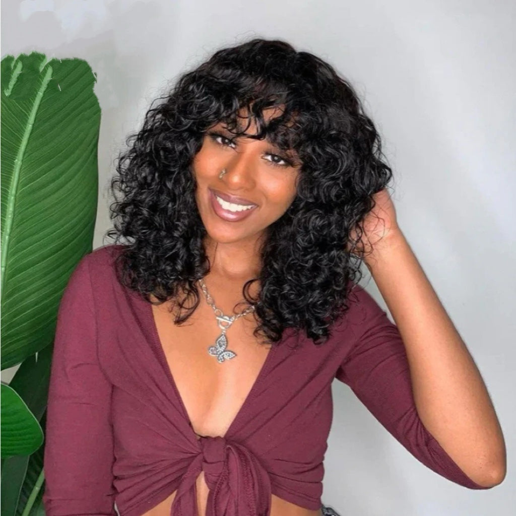 Short Curly Bang Wig Human Hair Machine Made Glueless Wig Natural Black