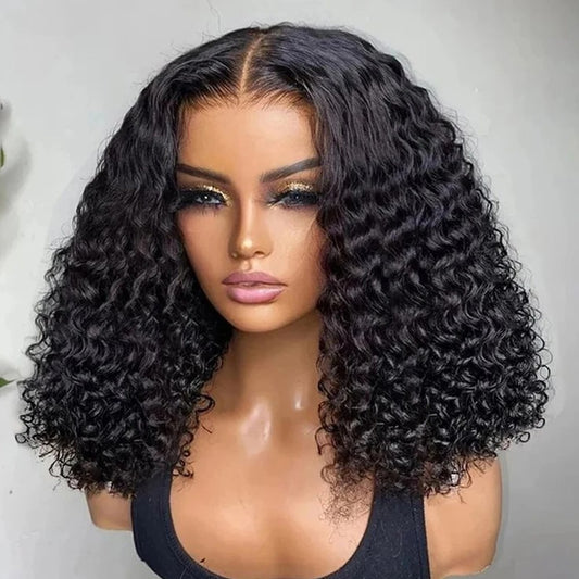 Kinky Curly Bob Wig Human Hair Transparent Lace Front Glueless Wig