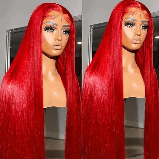 Hot Red Straight 13x4 Transparent Lace Front Wig Human Hair Glueless Wig