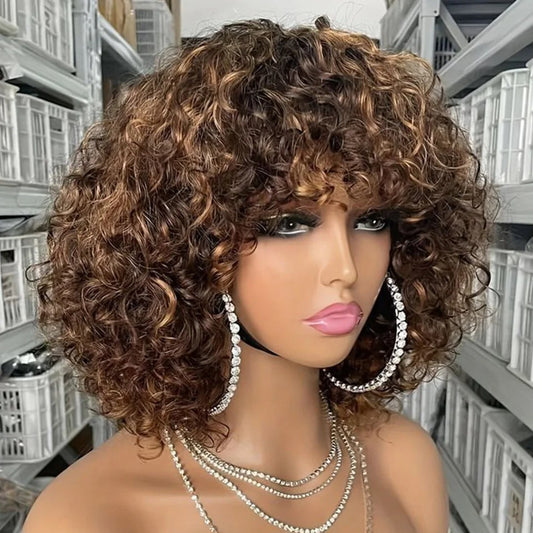 P4/27 Short Curly Bang Wig Human Hair Machine Made Glueless Wig