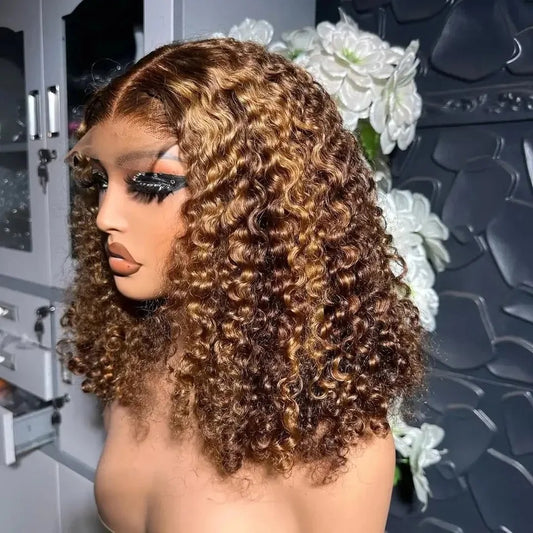 P4/27 Pixie Curly 4x4 Transparent Lace Closure Wig Human Hair Glueless Wig