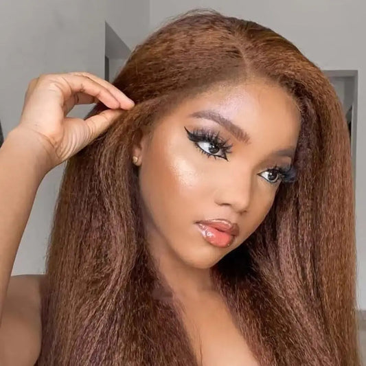 #4 Brown Kinky Straight Human Hair Transparent Lace Glueless Wig