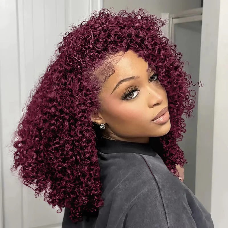 99J Burgundy Pixie Curly 4x4 Lace Closure Wig Human Hair Glueless Wig