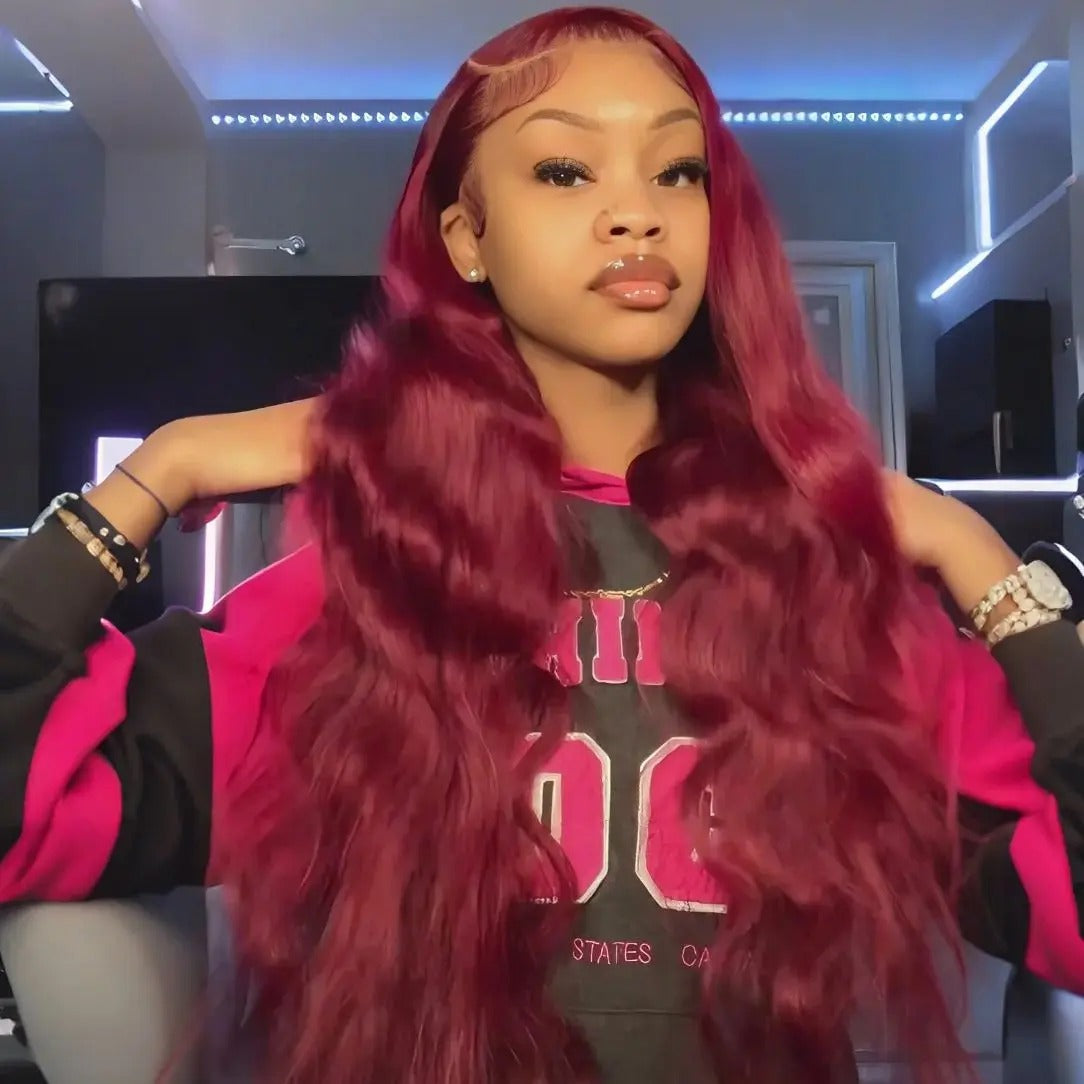 99J Burgundy Body Wave 13x4 Transparent Lace Front Wig Human Hair Glueless Wig