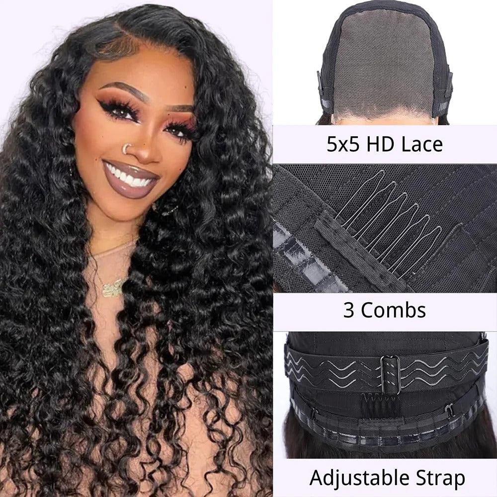 HD Lace 5x5 Closure Wig Deep Wave Human Hair Glueless Wig