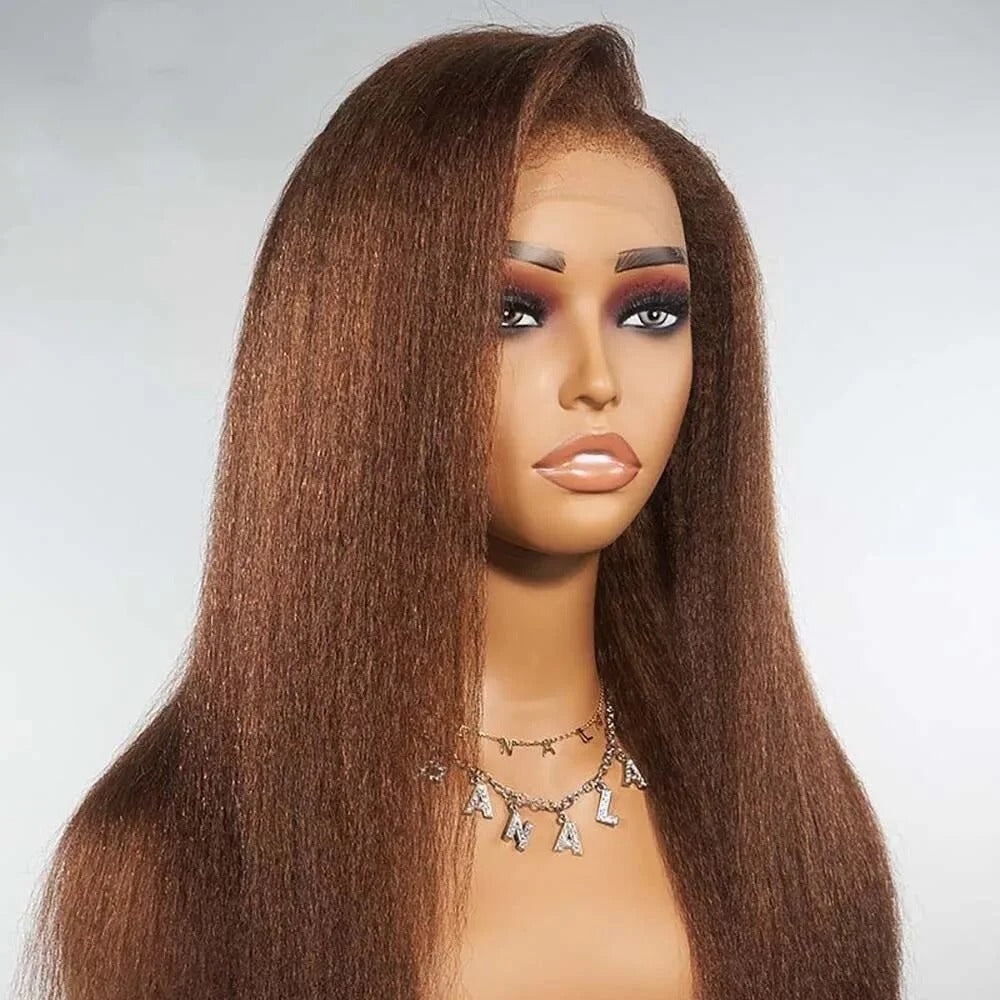 #4 Brown Kinky Straight Human Hair Transparent Lace Glueless Wig