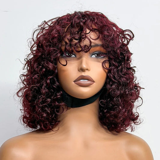 99J Burgundy Short Curly Bang Wig Human Hair Machine Made Glueless Wig