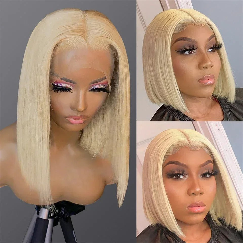 613 Blonde Straight Bob Wig 13x4 Transparent Lace Front Human Hair Glueless Wig