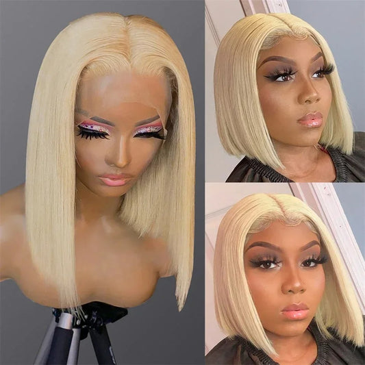 613 Blonde Straight Bob Wig 13x4 Transparent Lace Front Human Hair Glueless Wig