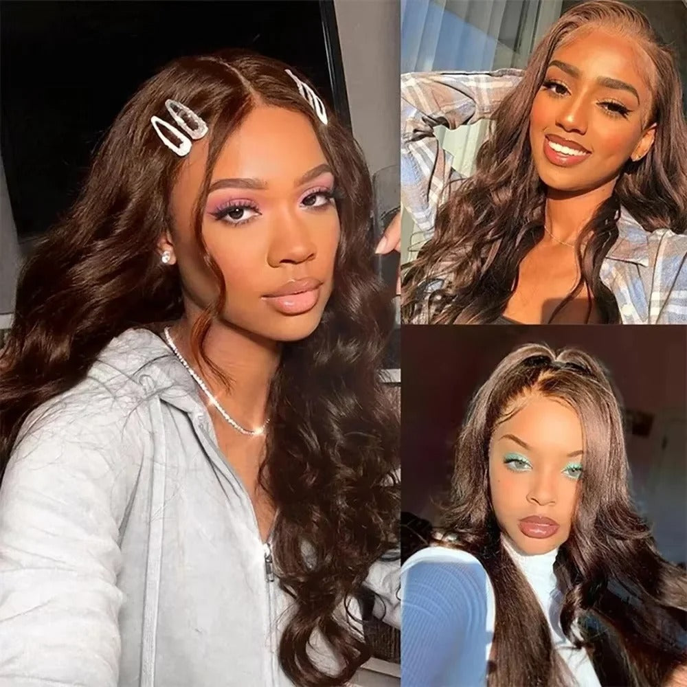 #4 Brown Body Wave 13x4 Transparent Lace Front Wig Human Hair Glueless Wig