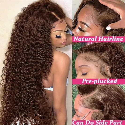 #4 Brown Deep Wave Human Hair Transparent Lace Glueless Wig