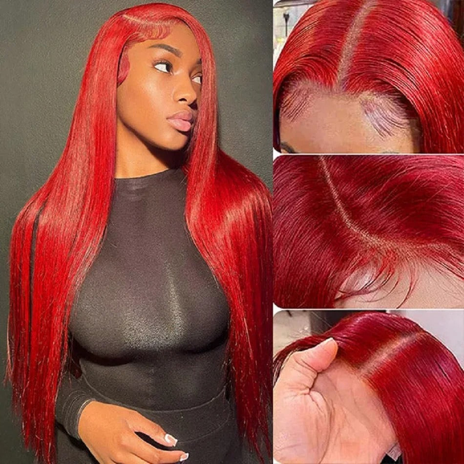 Hot Red Straight 13x4 Transparent Lace Front Wig Human Hair Glueless Wig