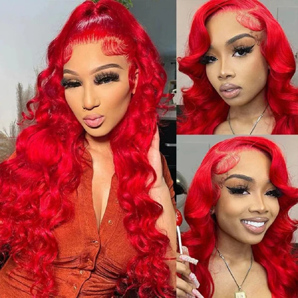 Hot Red Body Wave 13x4 Transparent Lace Front Wig Human Hair Glueless Wig
