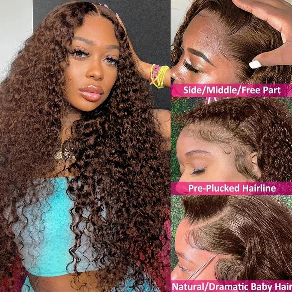 #4 Brown Deep Wave Human Hair Transparent Lace Glueless Wig