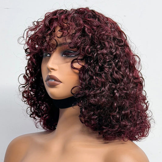 99J Burgundy Short Curly Bang Wig Human Hair Machine Made Glueless Wig