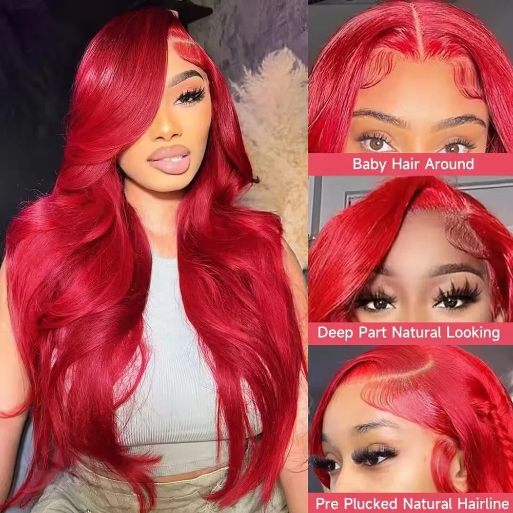 Hot Red Body Wave 13x4 Transparent Lace Front Wig Human Hair Glueless Wig