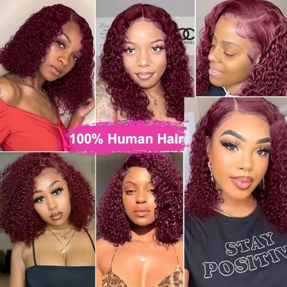 99J Burgundy Pixie Curly 4x4 Lace Closure Wig Human Hair Glueless Wig