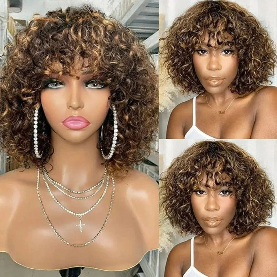 P4/27 Short Curly Bang Wig Human Hair Machine Made Glueless Wig