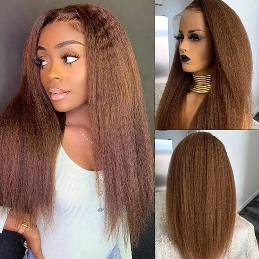 #4 Brown Kinky Straight Human Hair Transparent Lace Glueless Wig