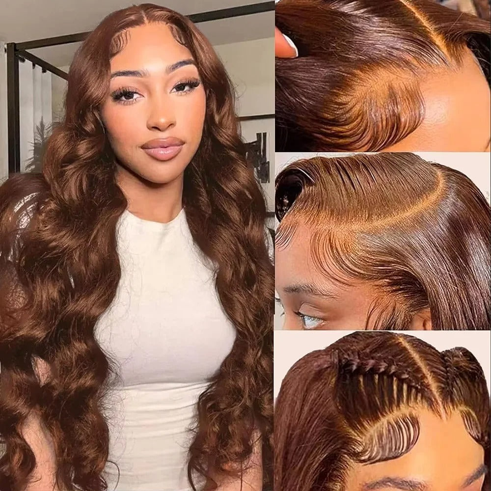 #4 Brown Body Wave 13x4 Transparent Lace Front Wig Human Hair Glueless Wig