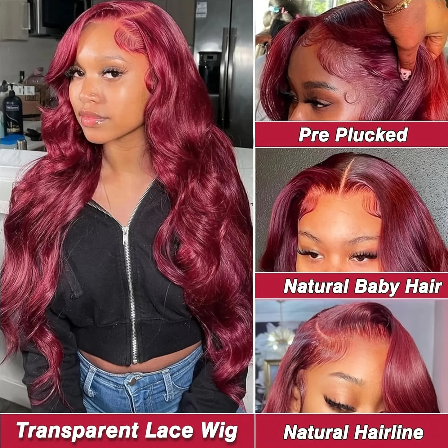 99J Burgundy Loose Body Wave Wig 250% Density Human Hair Transparent Lace Glueless Wig