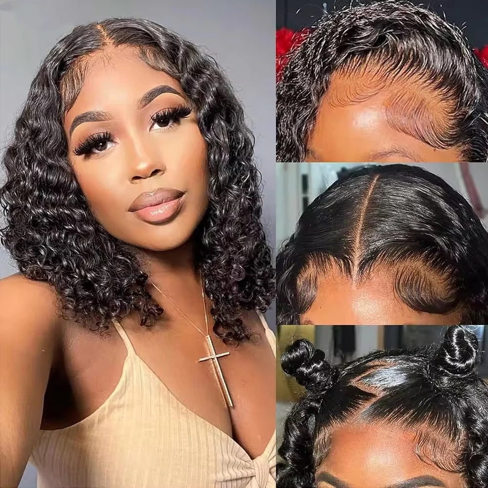 Kinky Curly Bob Wig Human Hair Transparent Lace Front Glueless Wig