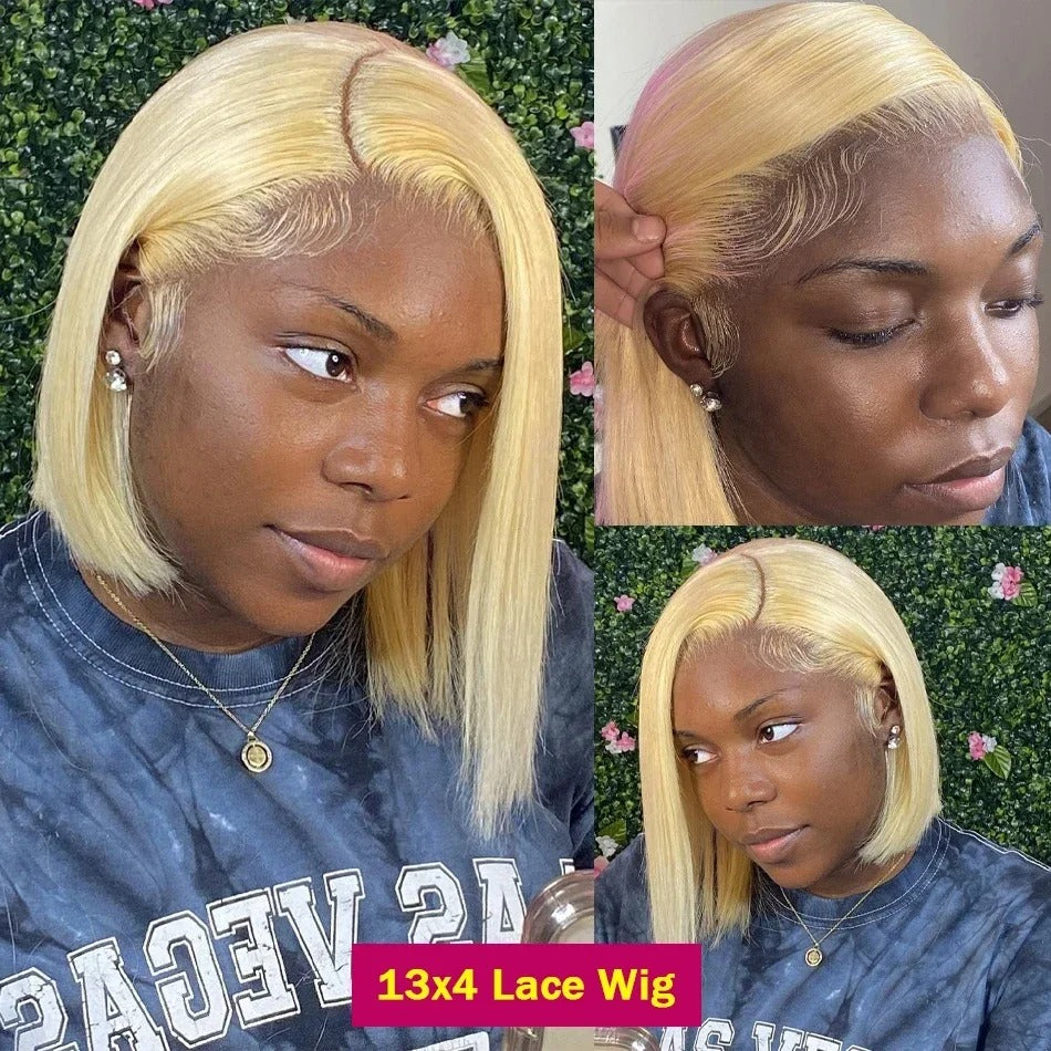 613 Blonde Straight Bob Wig 13x4 Transparent Lace Front Human Hair Glueless Wig