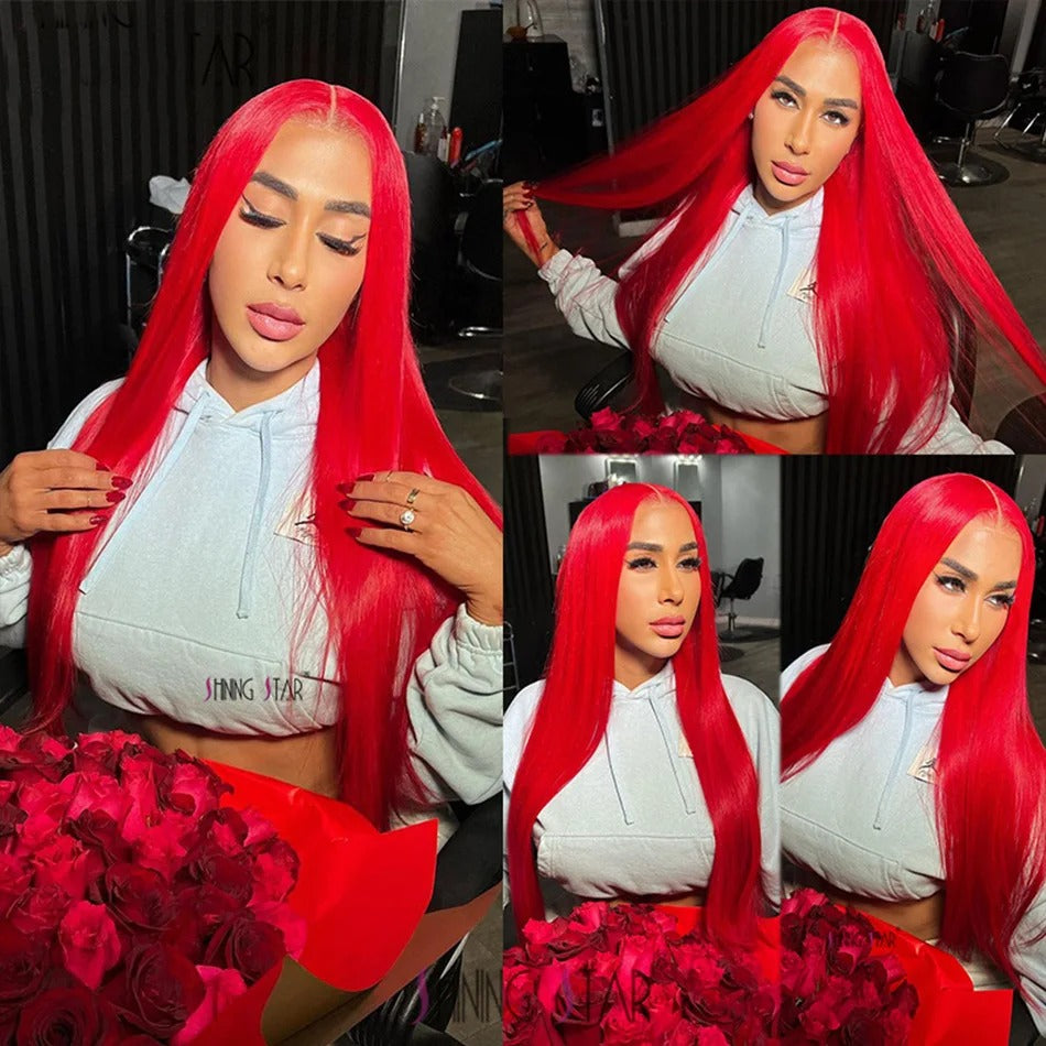 Hot Red Straight 13x4 Transparent Lace Front Wig Human Hair Glueless Wig