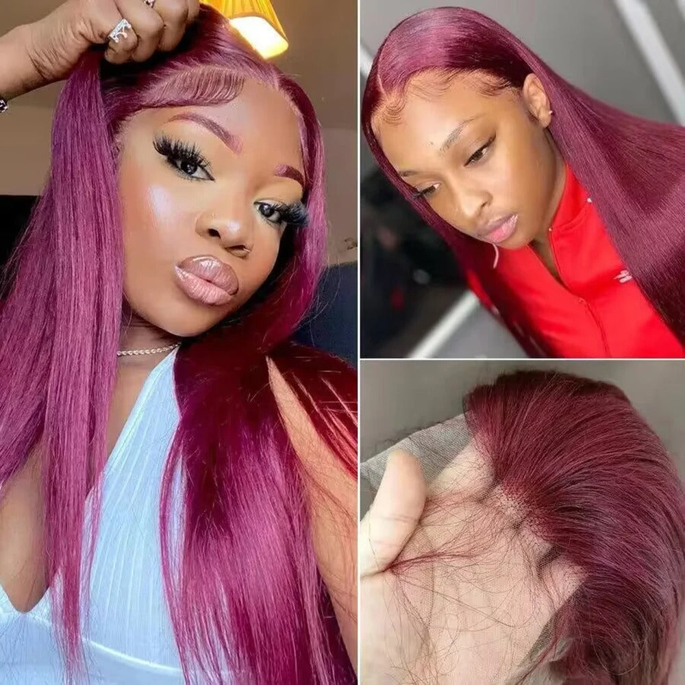99J Burgundy Straight 13x4 Transparent Lace Front Wig Human Hair Glueless Wig