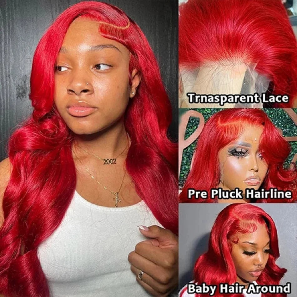 Hot Red Body Wave 13x4 Transparent Lace Front Wig Human Hair Glueless Wig