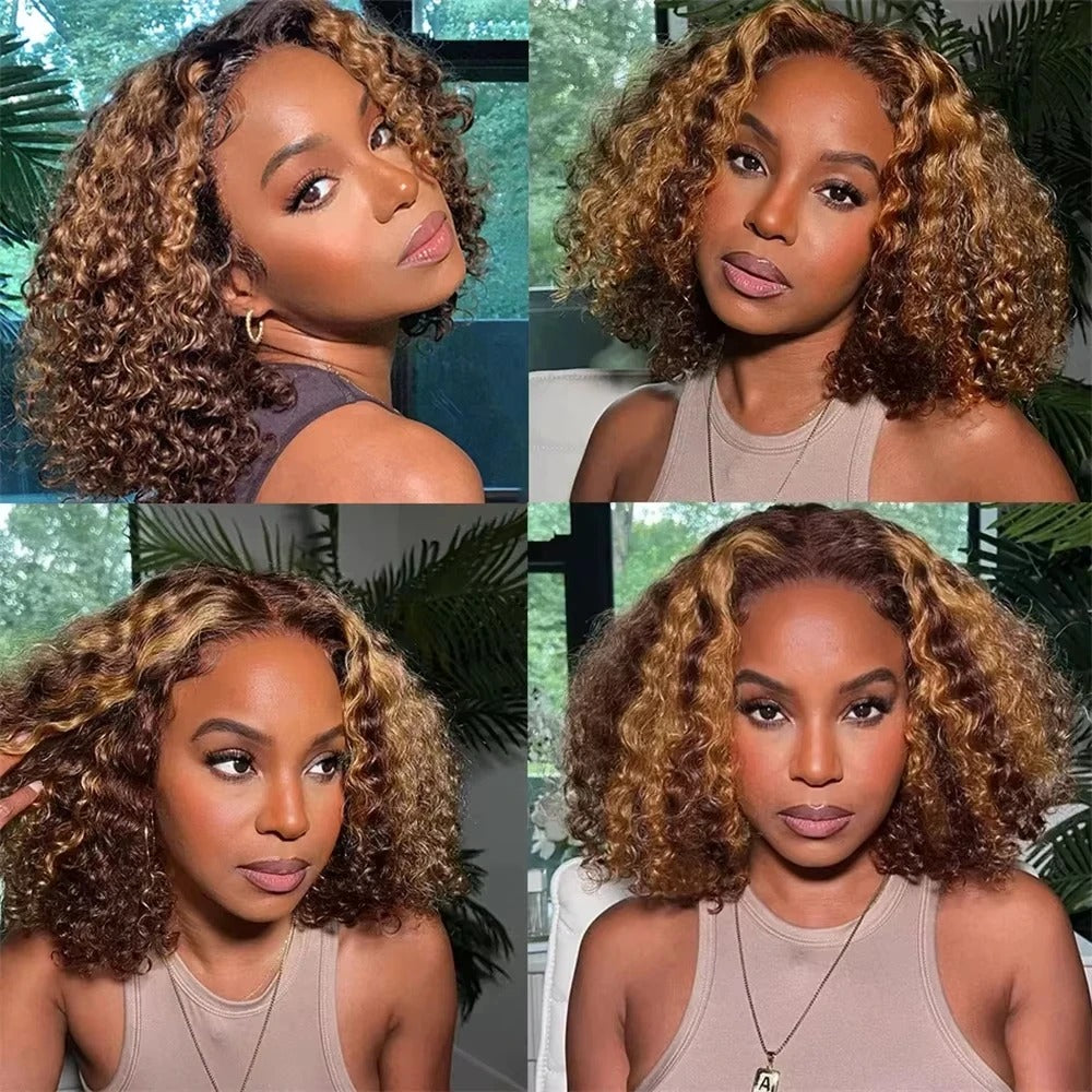 P4/27 Pixie Curly 4x4 Transparent Lace Closure Wig Human Hair Glueless Wig