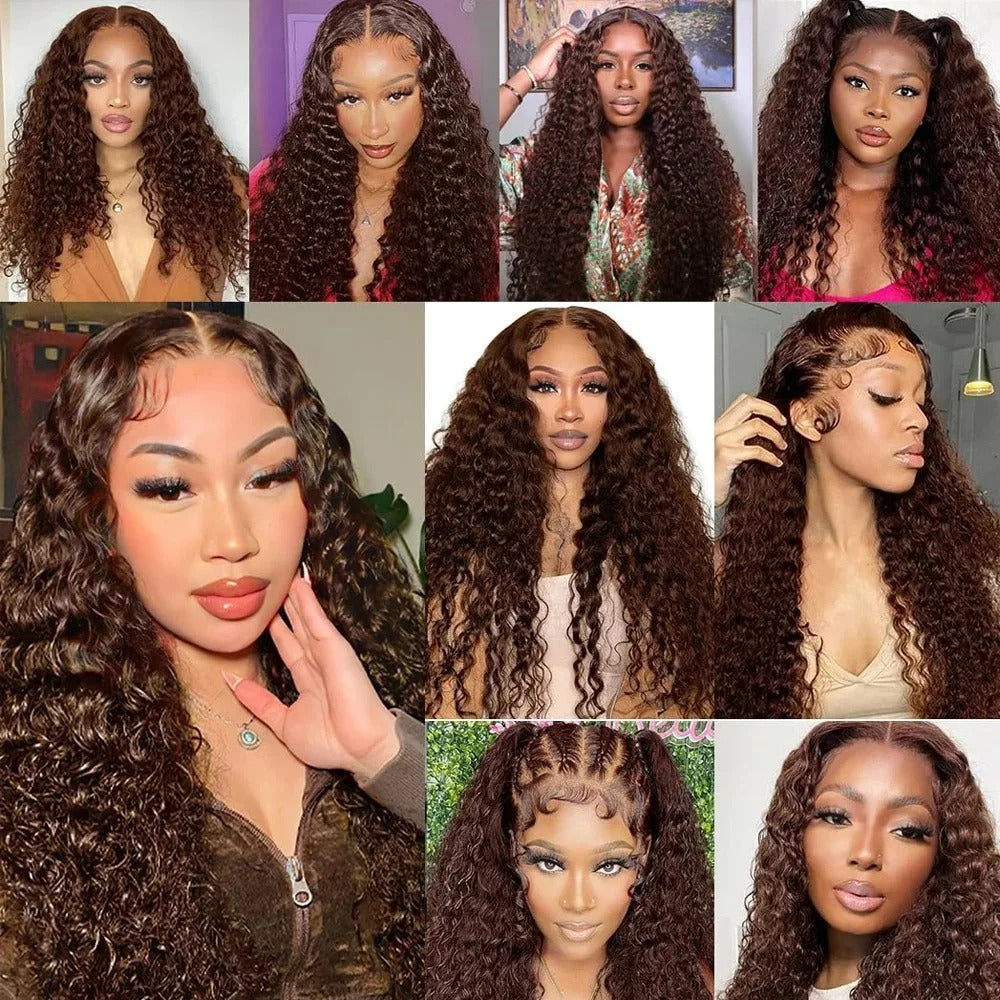 #4 Brown Deep Wave Human Hair Transparent Lace Glueless Wig