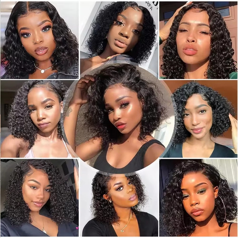 Kinky Curly Bob Wig Human Hair Transparent Lace Front Glueless Wig