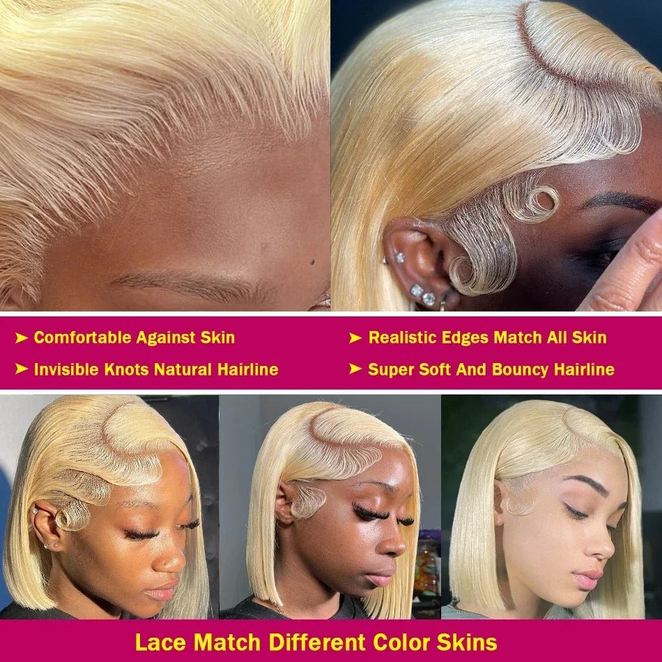 613 Blonde Straight Bob Wig 13x4 Transparent Lace Front Human Hair Glueless Wig