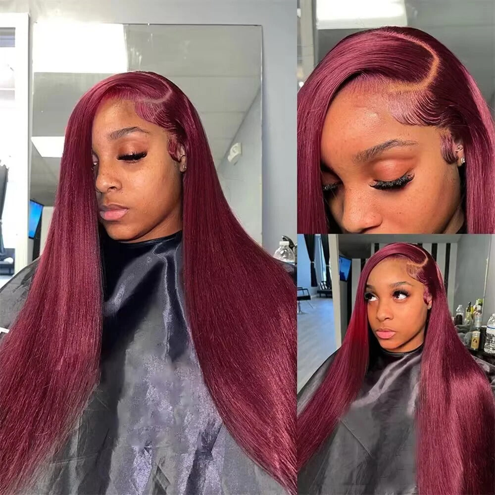 99J Burgundy Straight 13x4 Transparent Lace Front Wig Human Hair Glueless Wig